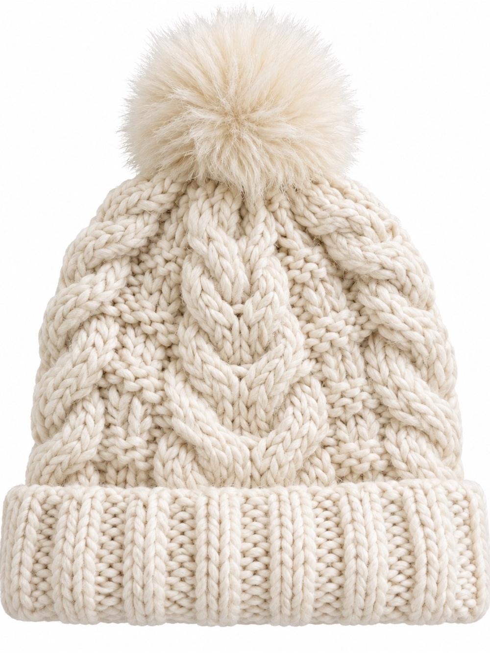 H&M Cream Cable Knit Pom Pom Beanie Hat One Size wool mix